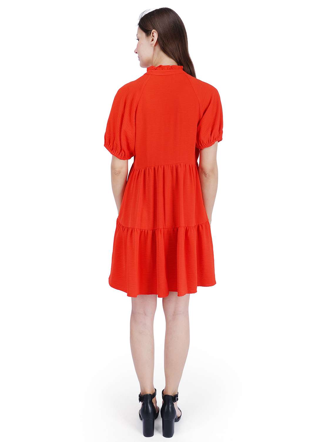women solid puff sleeve tiered dress - 22181446 -  Standard Image - 3