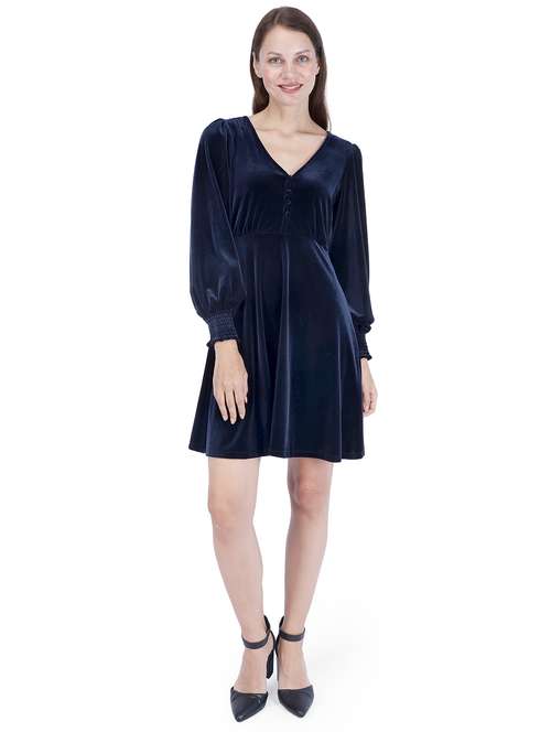 women solid puff sleeve a-line dress - 22181447 -  Standard Image - 0