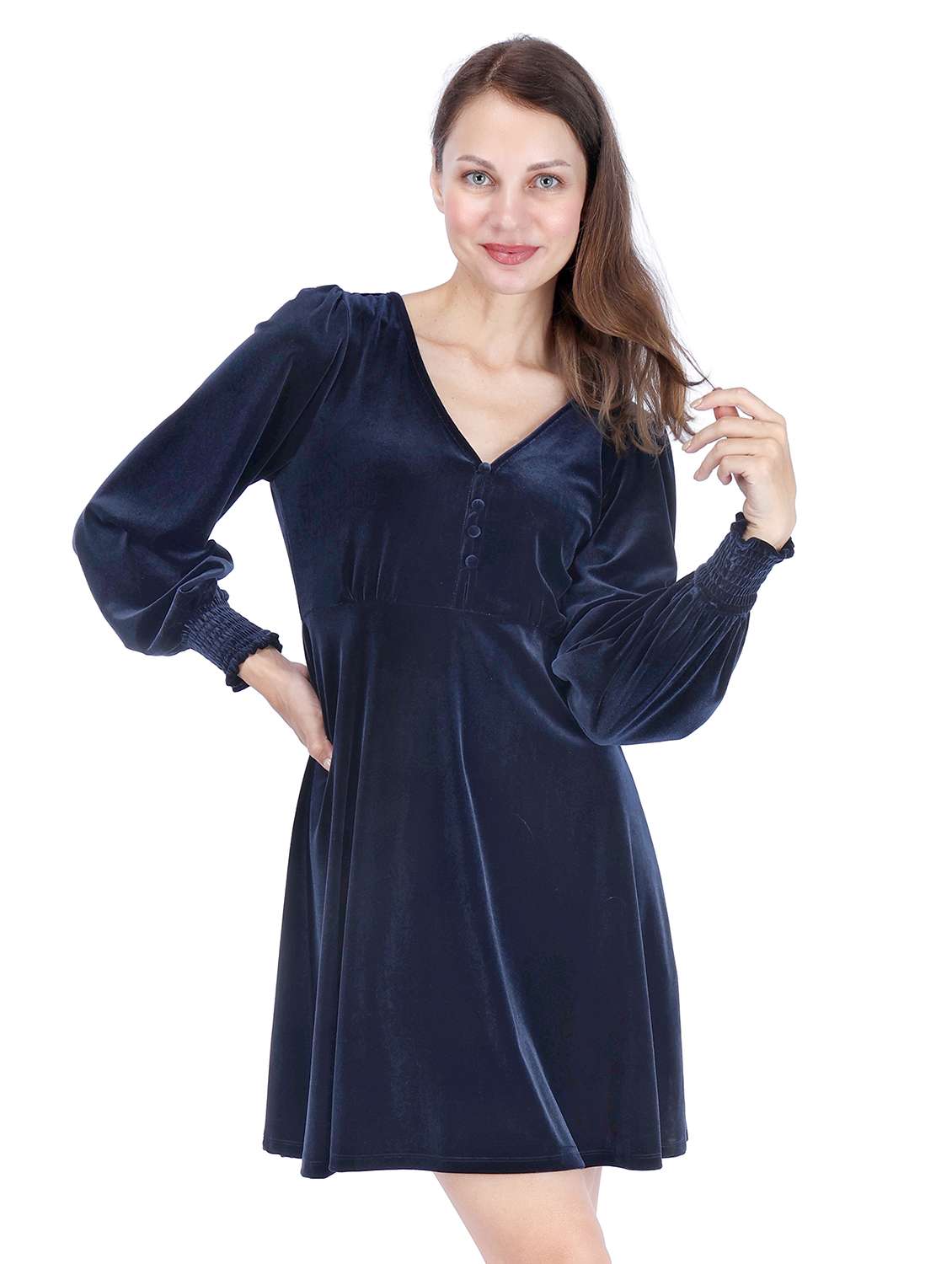 women solid puff sleeve a-line dress - 22181447 -  Standard Image - 3