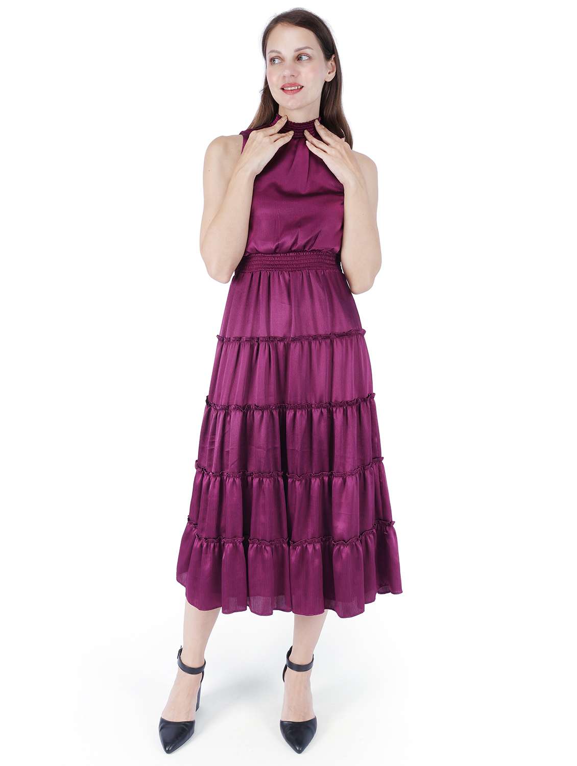 women solid hlater neck sleeveless tiered dress