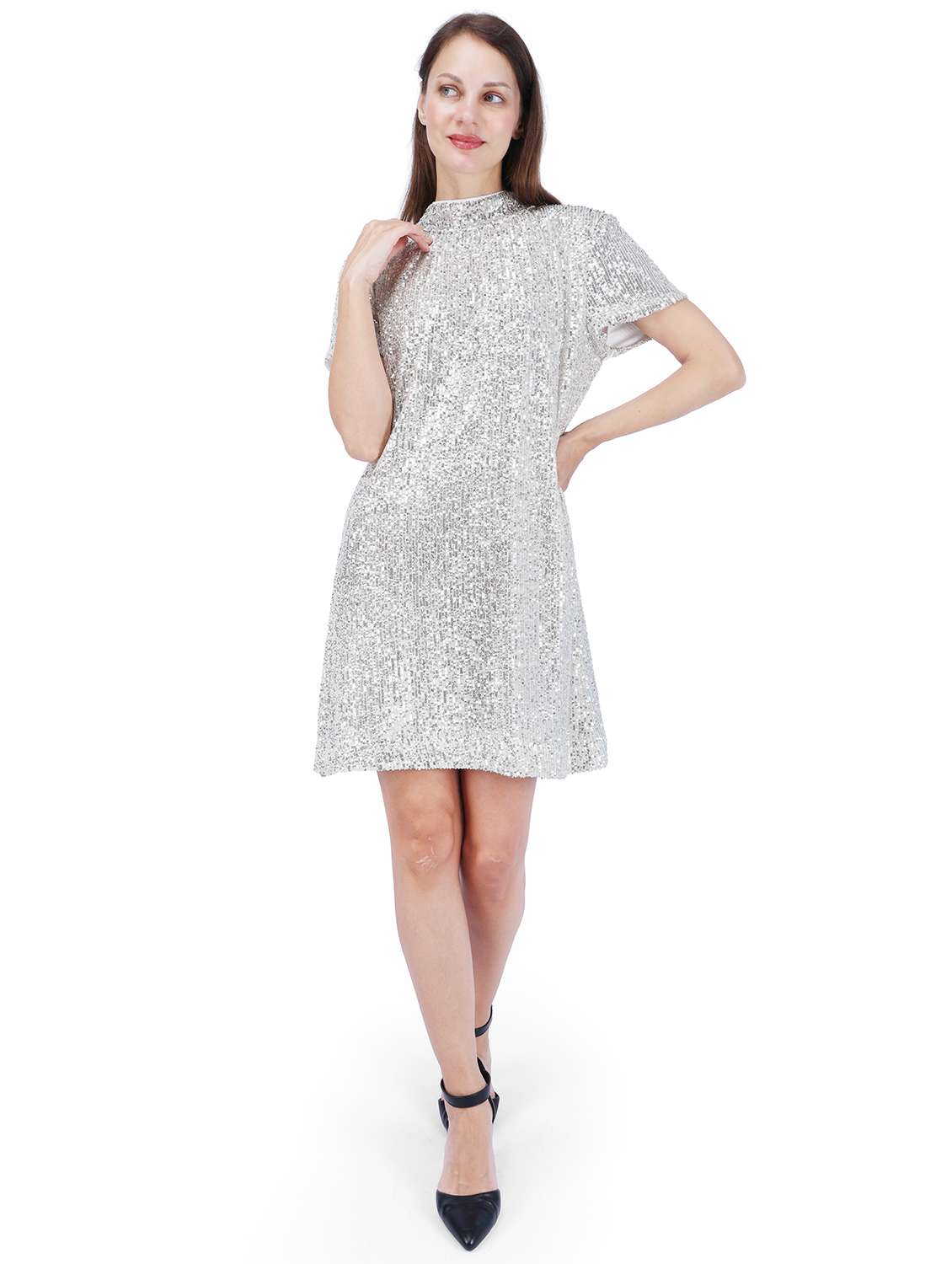women sequined short sleeve a-line dress