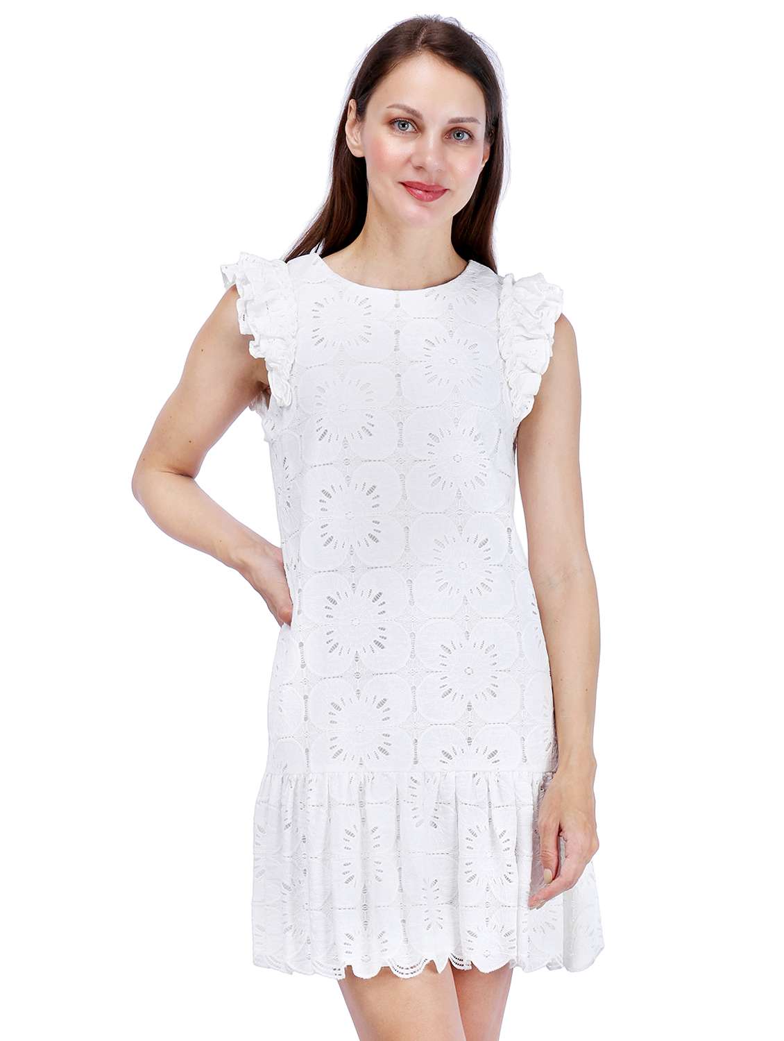 women white solid cap sleeve schiffli tiered dress - 22181458 -  Standard Image - 3