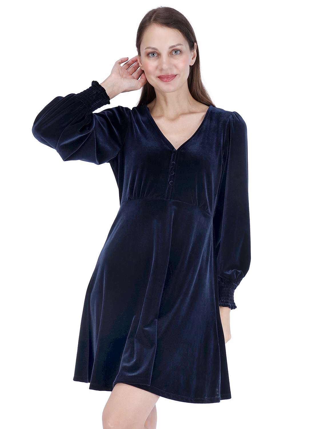 women solid puff sleeve fit & flare dress - 22181460 -  Standard Image - 3