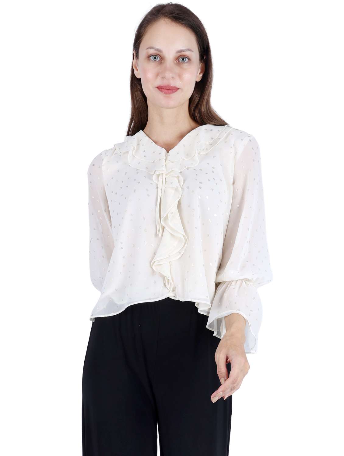 women printed long sleeve ruffled top - 22181466 -  Standard Image - 3