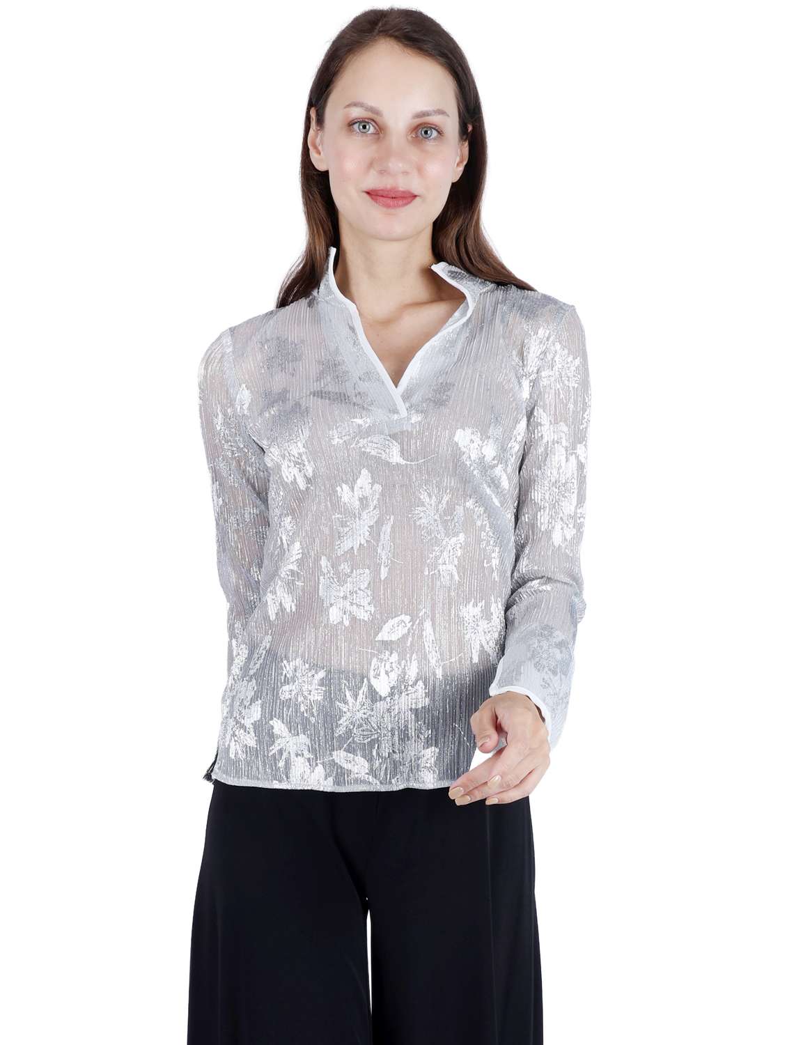 women printed long sleeve mandarin neck top - 22181467 -  Standard Image - 3