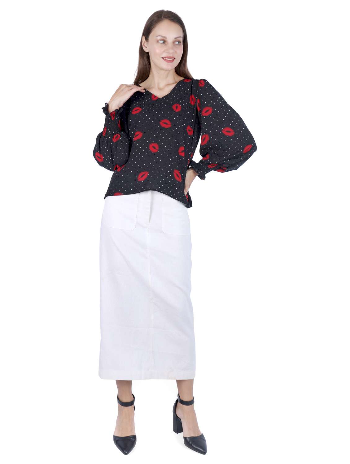 women printed puff sleeve regular top