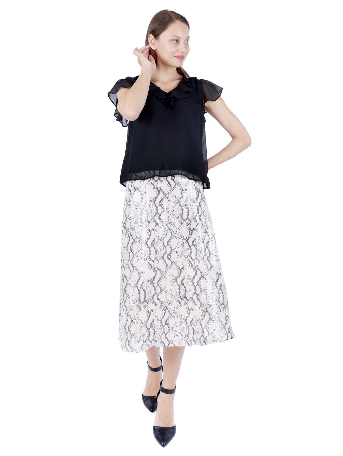 women solid ruffle sleeve regular top