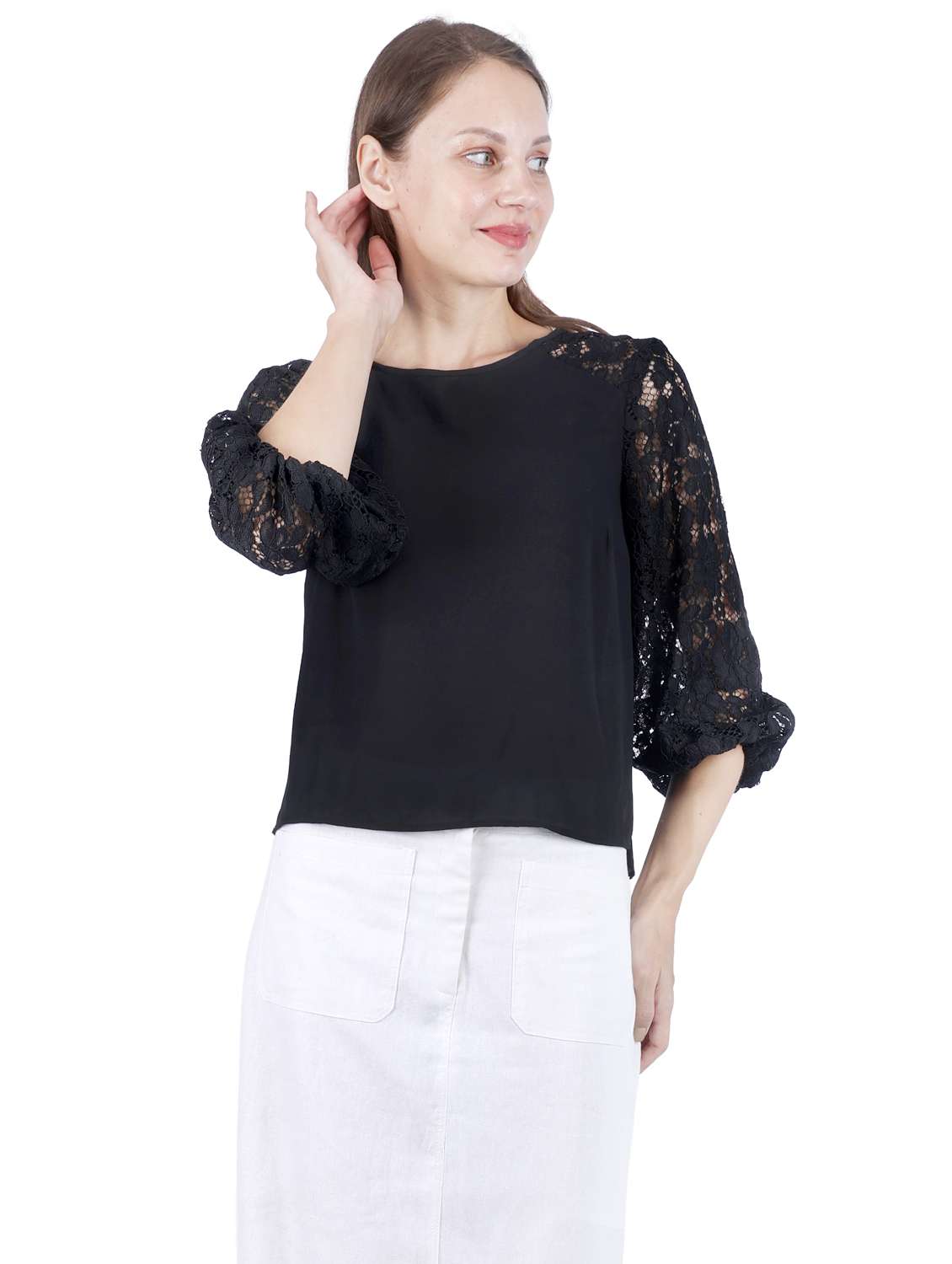 women black solid laced regular top - 22181479 -  Standard Image - 3