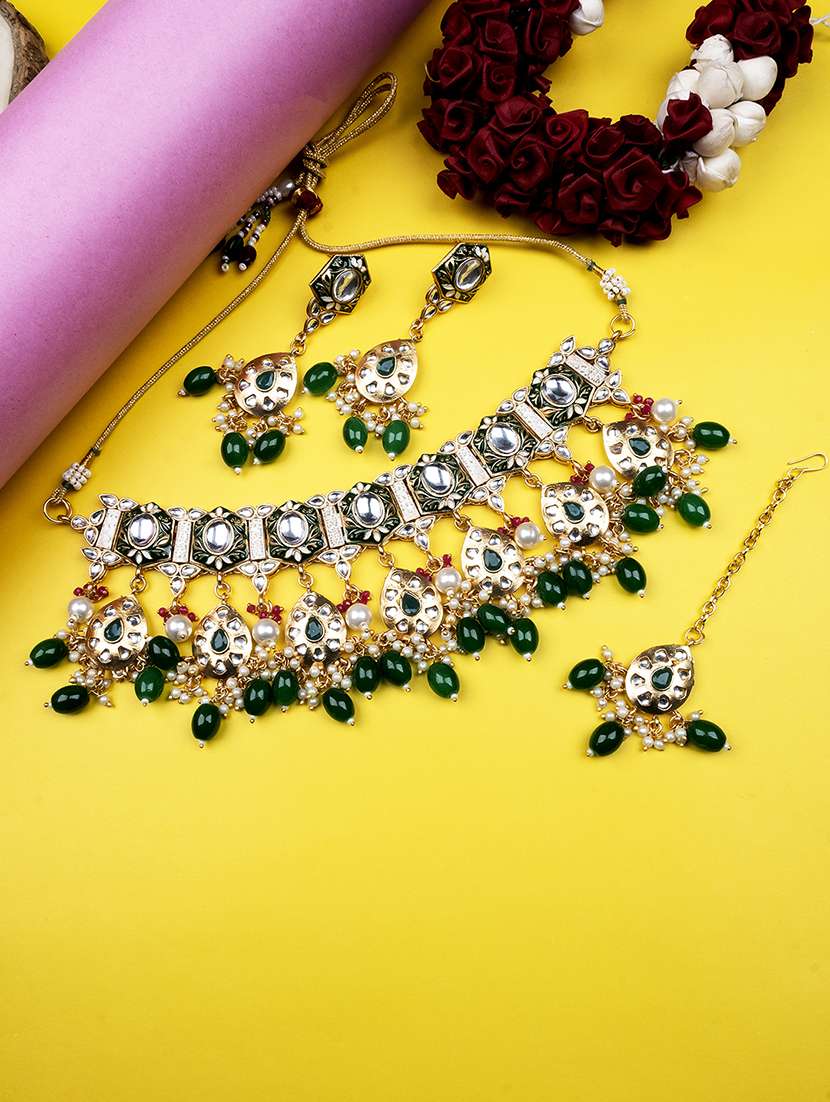 green pearls beaded kundan choker set