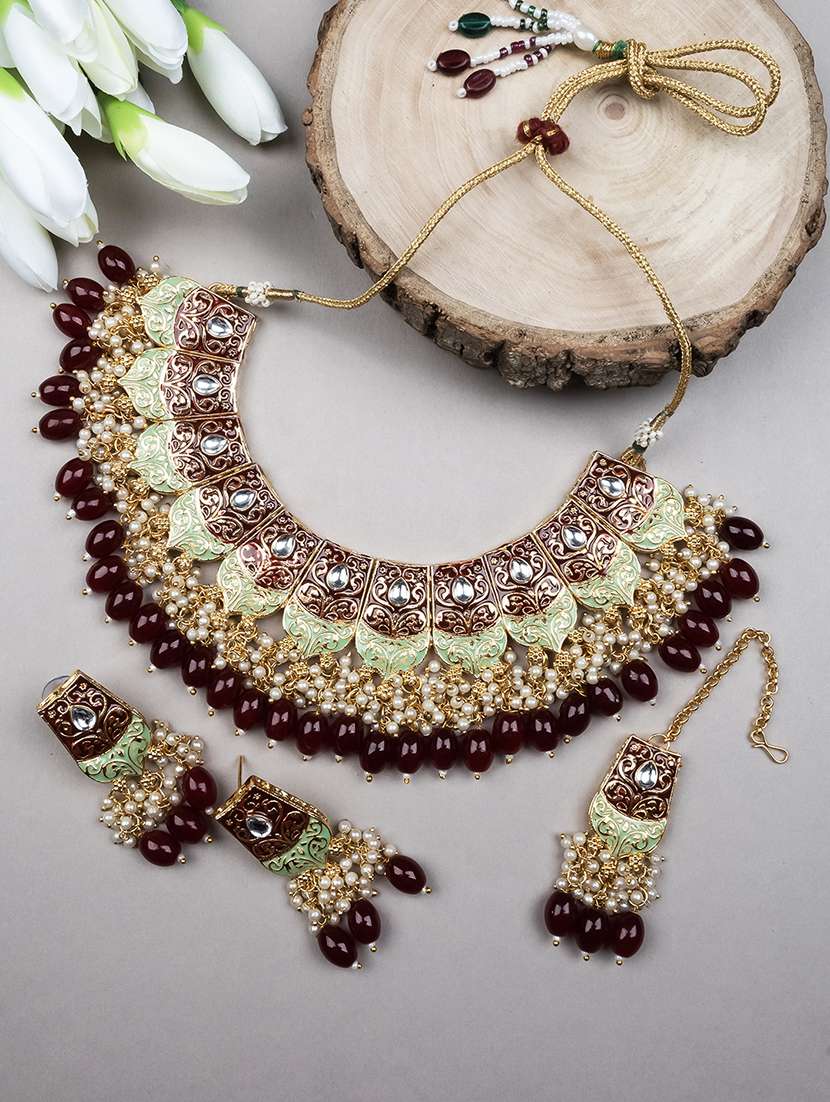 maroon kundan meenakari droplet necklace set