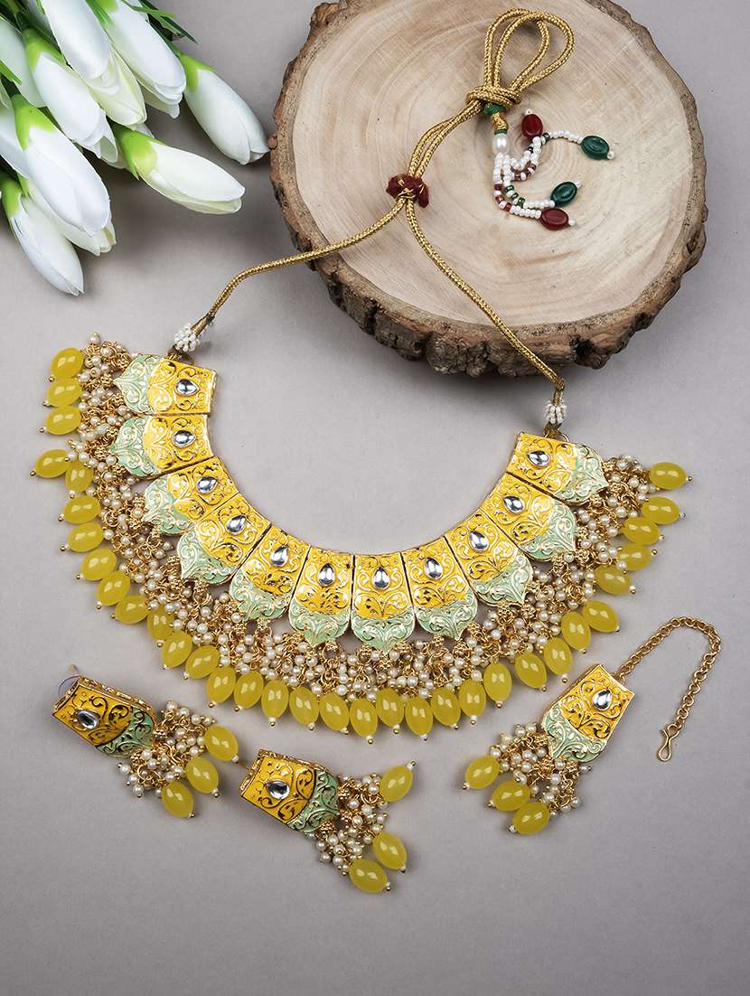 yellow kundan meenakari droplet necklace set