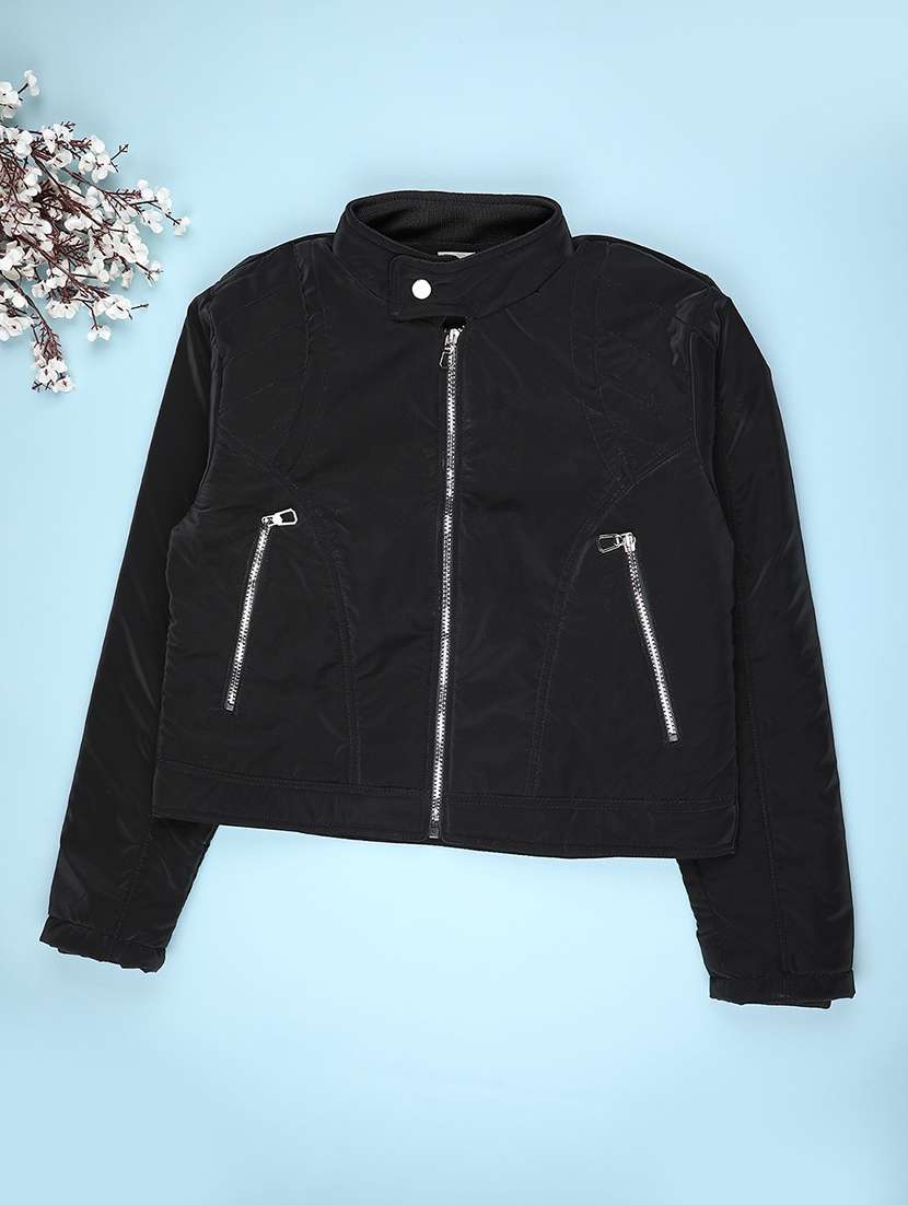 girls solid long sleeve biker jacket