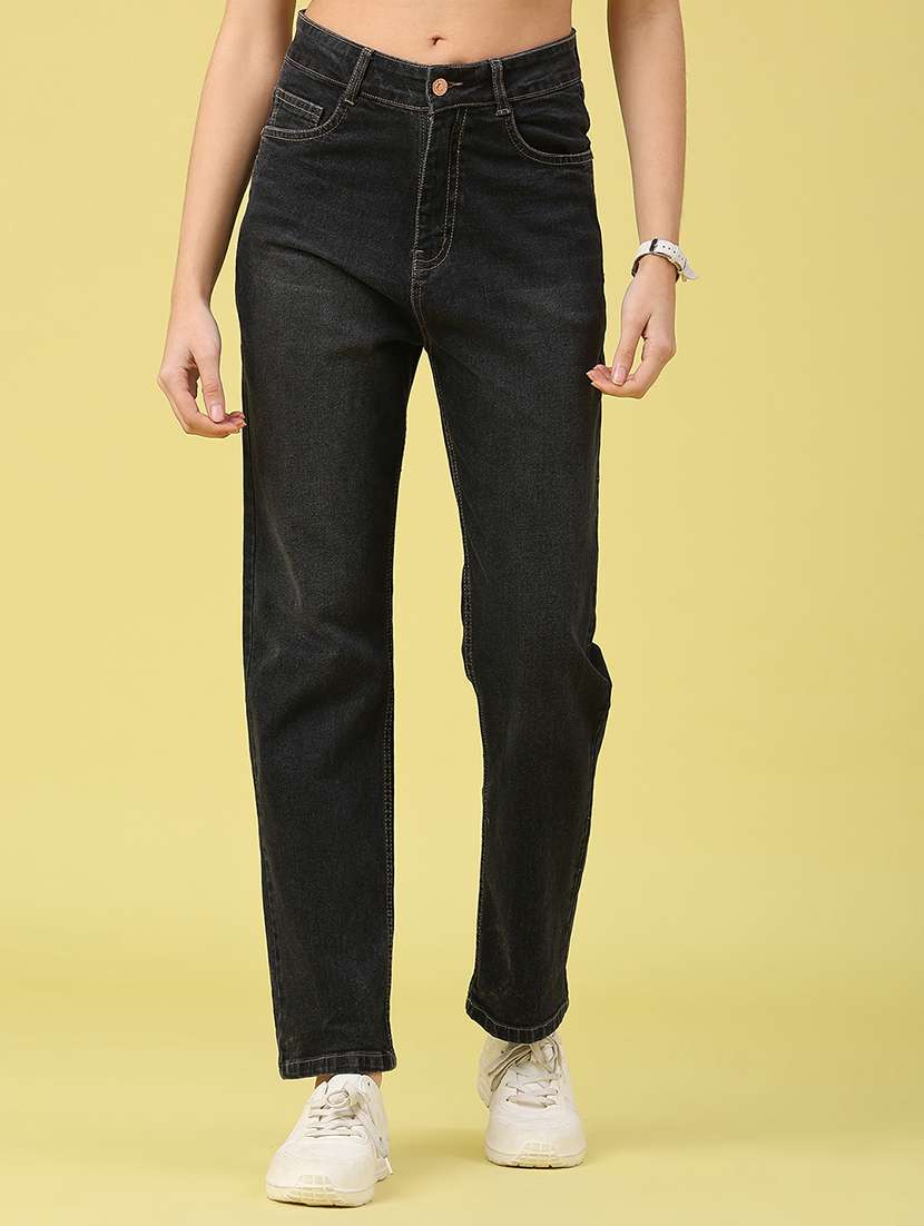 women solid mid rise straight jeans