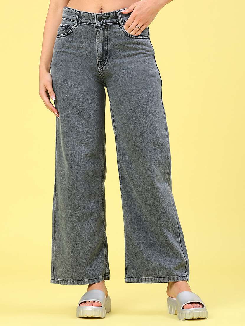 women plain high rise wide leg jeans