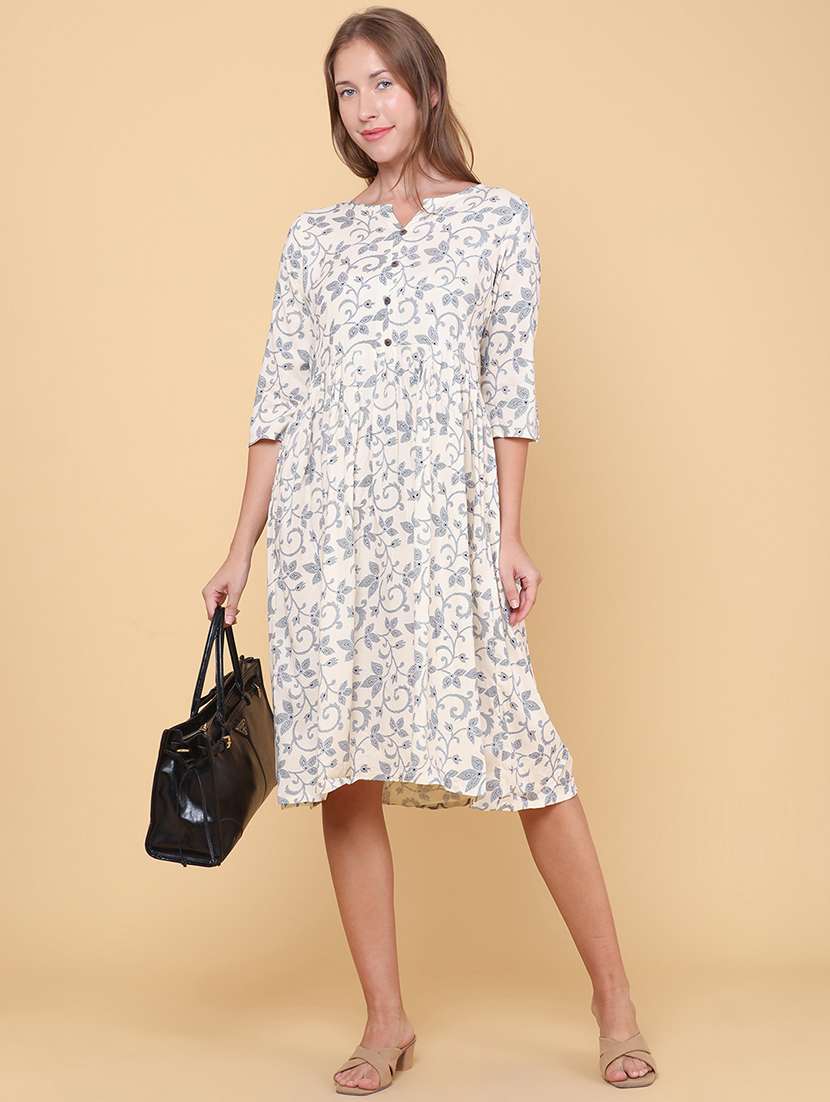 women printed three quarter sleeves a-line dress