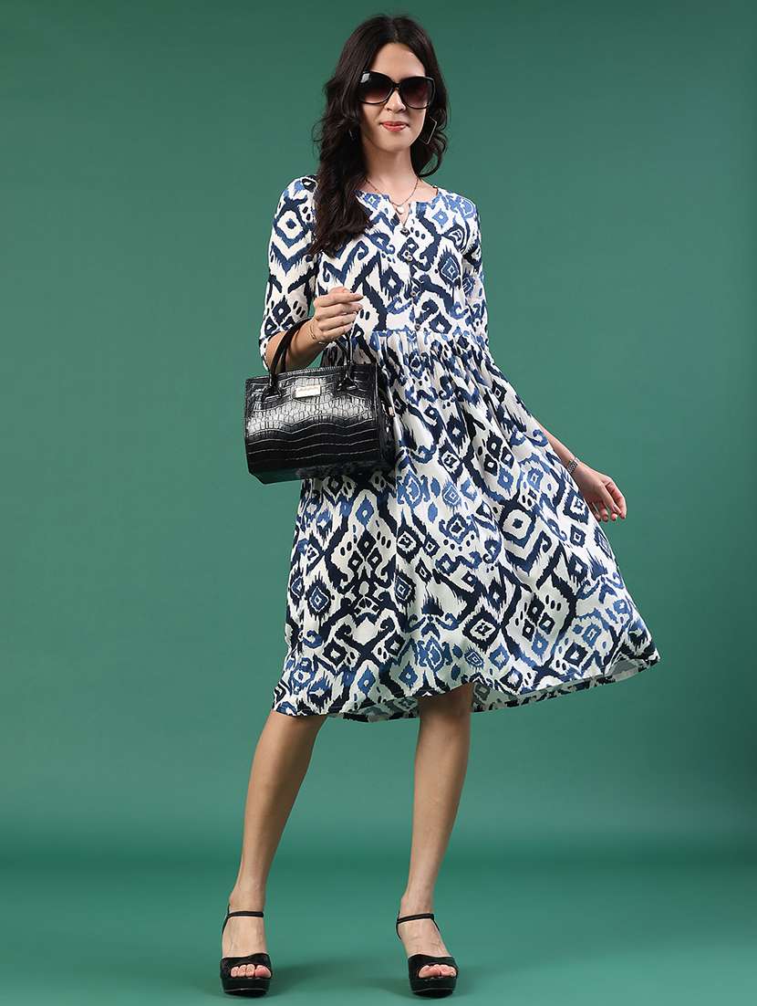 women printed three quarter sleeve a-line dress