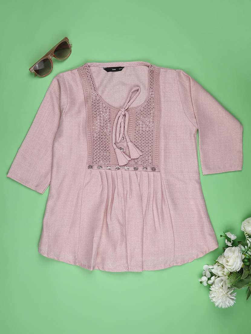 girls solid with work three quarter sleeve top