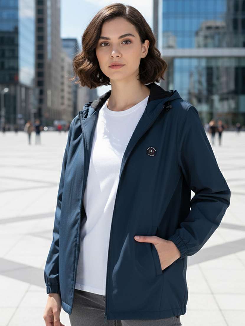 women solid long sleeve hooded windcheater jacket