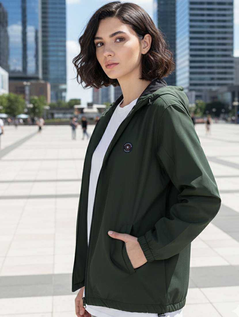 women solid long sleeve hooded windcheater jacket