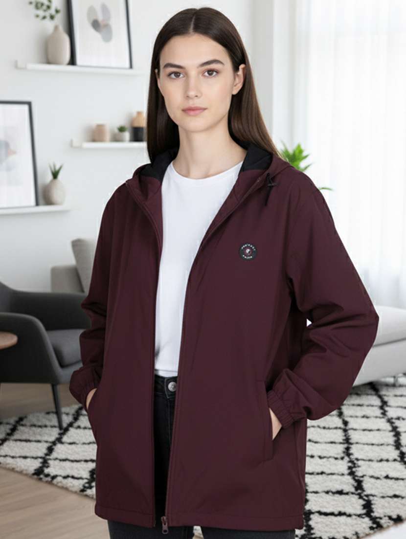 women solid long sleeve hooded windcheater jacket