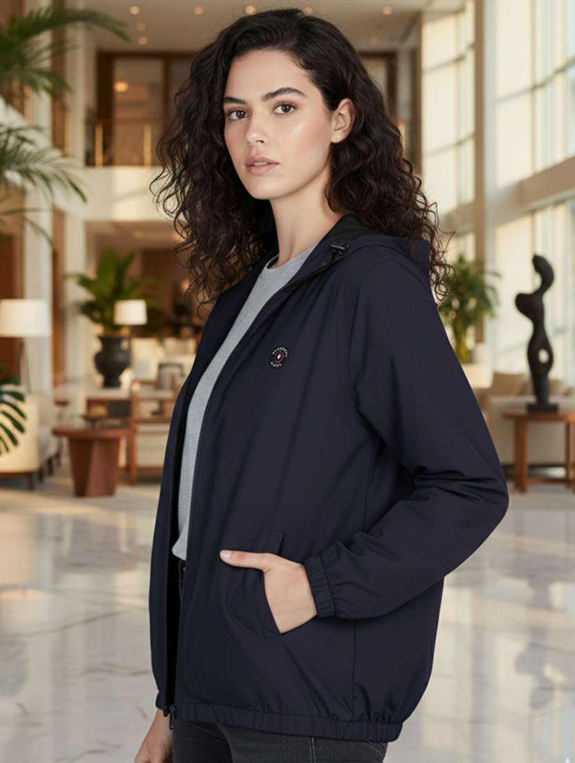 women solid long sleeve hooded windcheater jacket