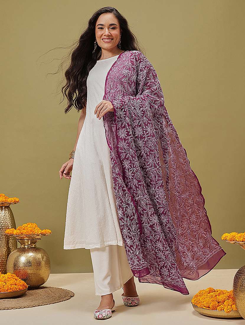 women solid with work chikankari dupatta