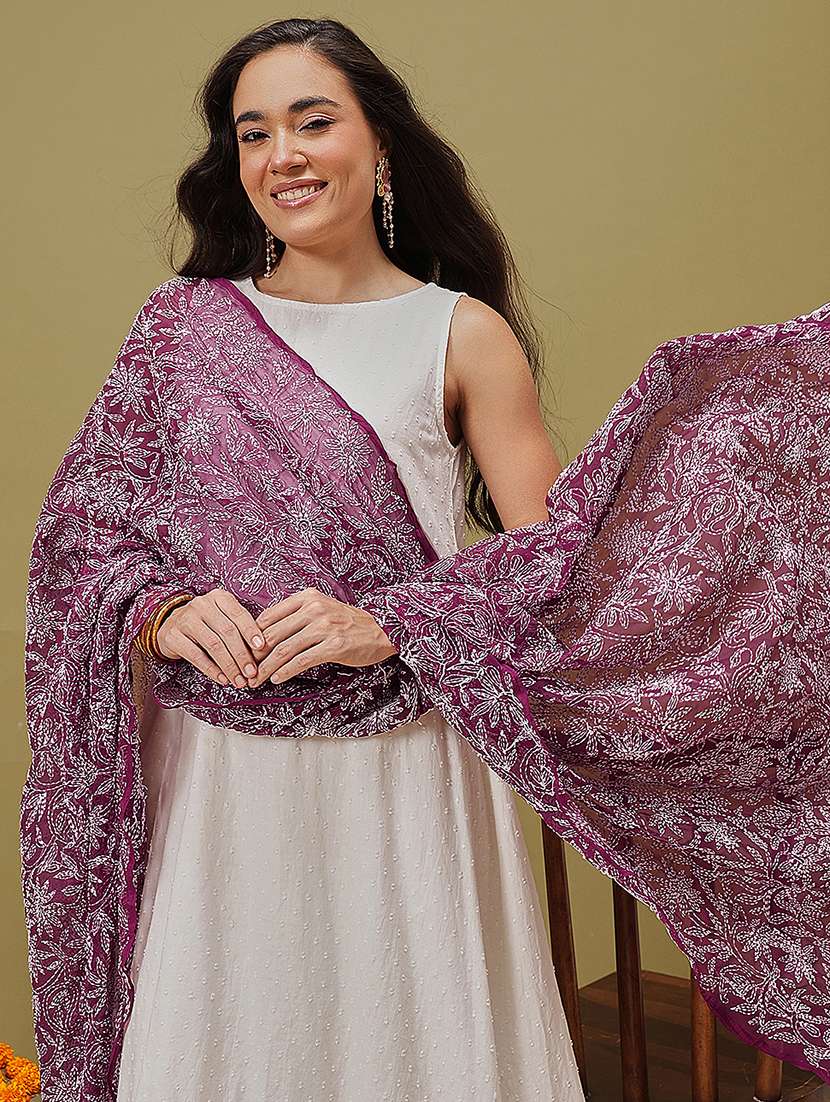 women solid with work chikankari dupatta - 22182115 -  Standard Image - 3