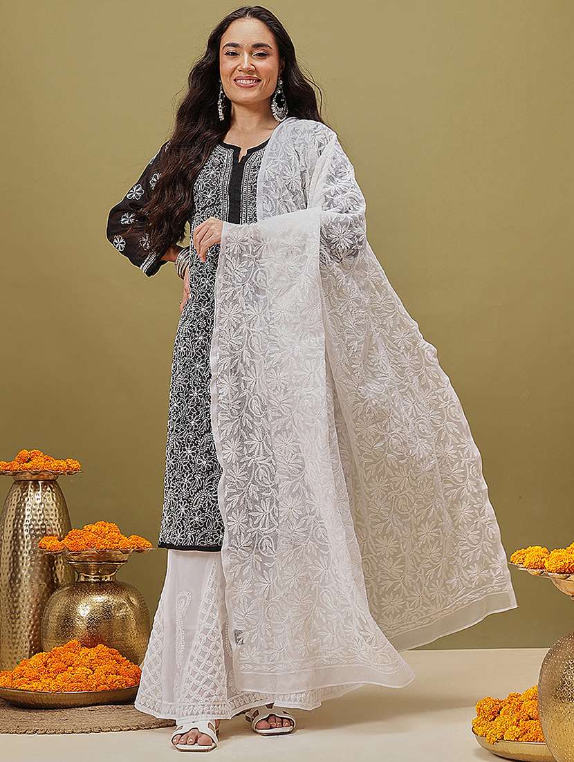 women solid with work chikankari dupatta