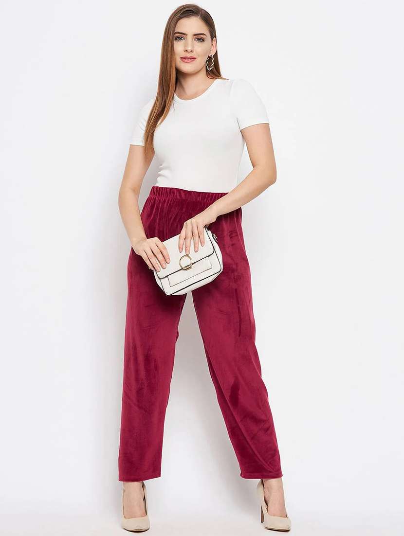 women solid velvet straight trouser - 22182129 -  Standard Image - 3