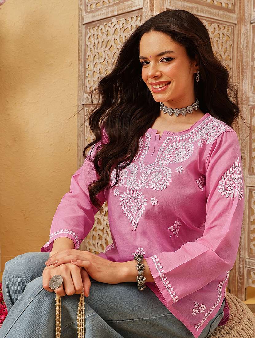 women solid with work three quarter sleeve straight kurti - 22182132 -  Standard Image - 3