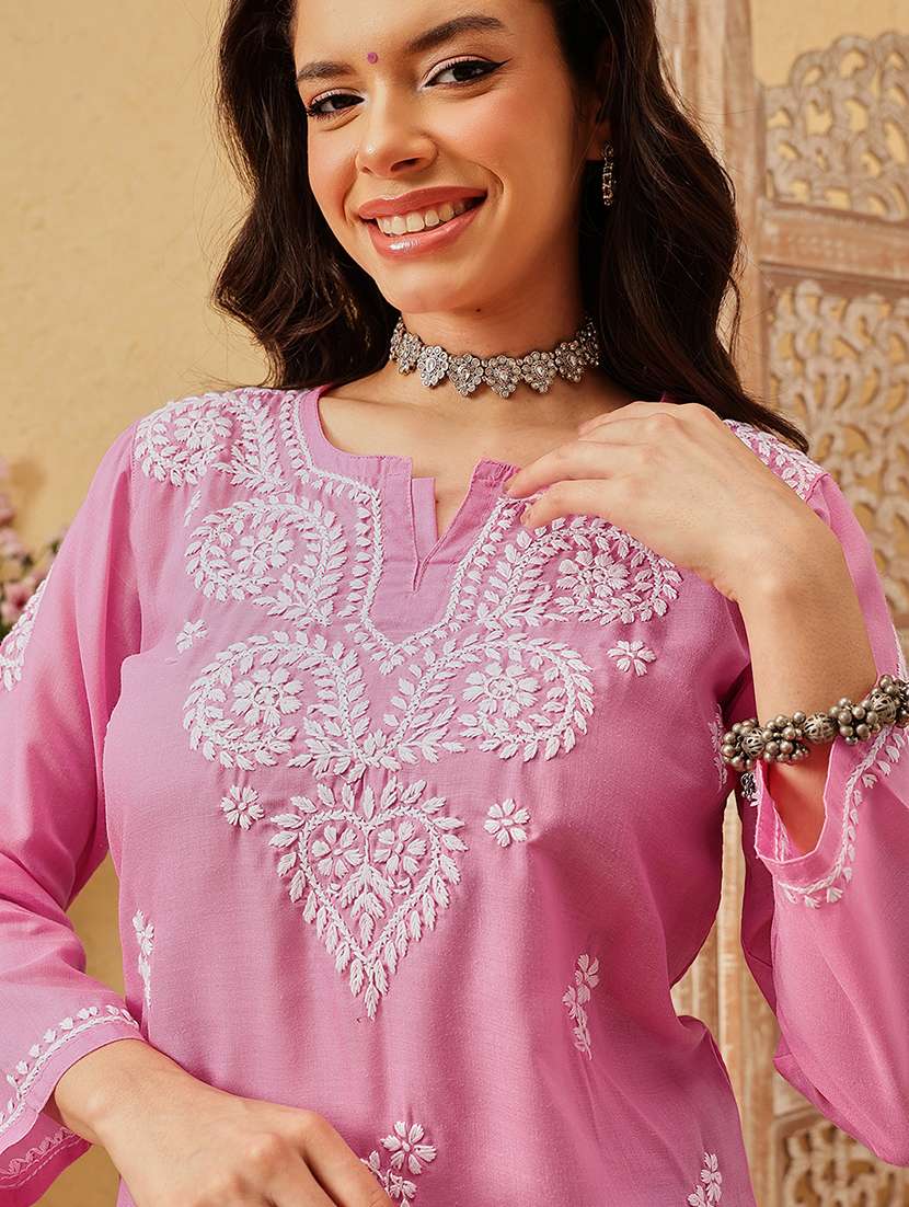 women solid with work three quarter sleeve straight kurti - 22182132 -  Standard Image - 5