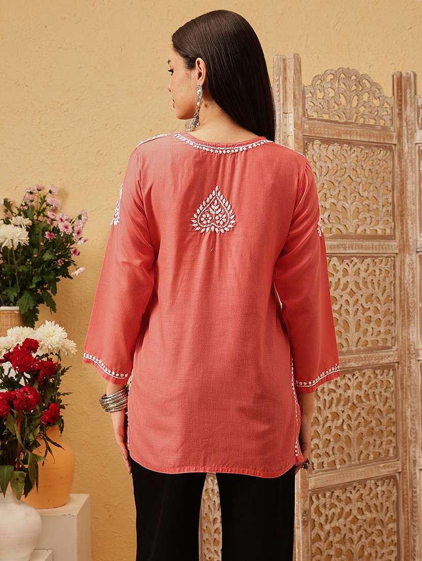 women solid with work three quarter sleeve straight kurti - 22182133 -  Standard Image - 3