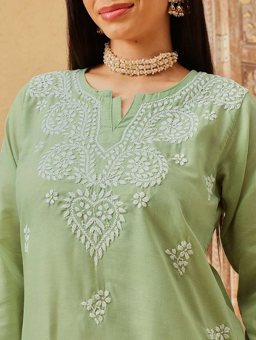 women solid with work three quarter sleeve straight kurti - 22182134 -  Standard Image - 5