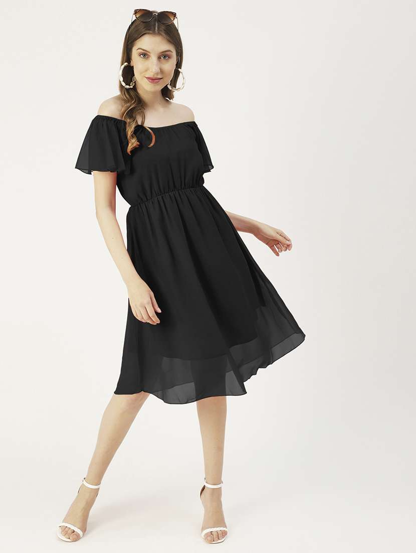 women black solid off shoulder a-line dress - 22182137 -  Zoom Image - 0