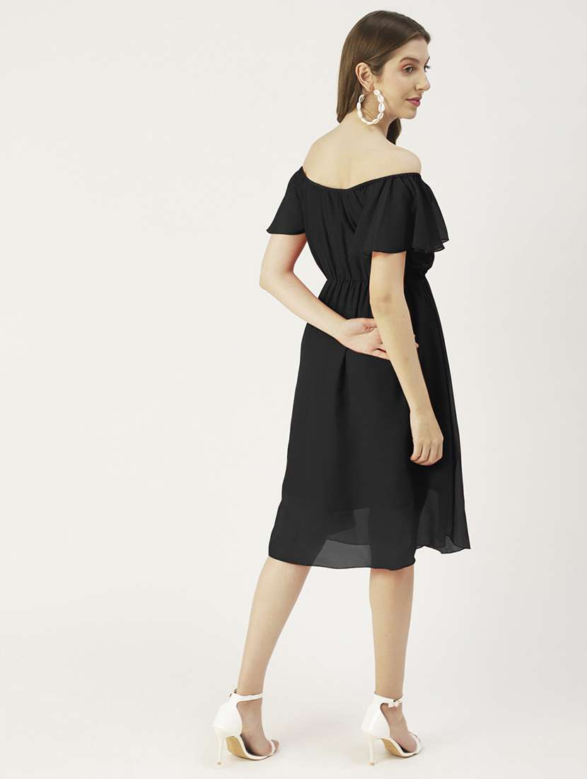 women black solid off shoulder a-line dress - 22182137 -  Standard Image - 3