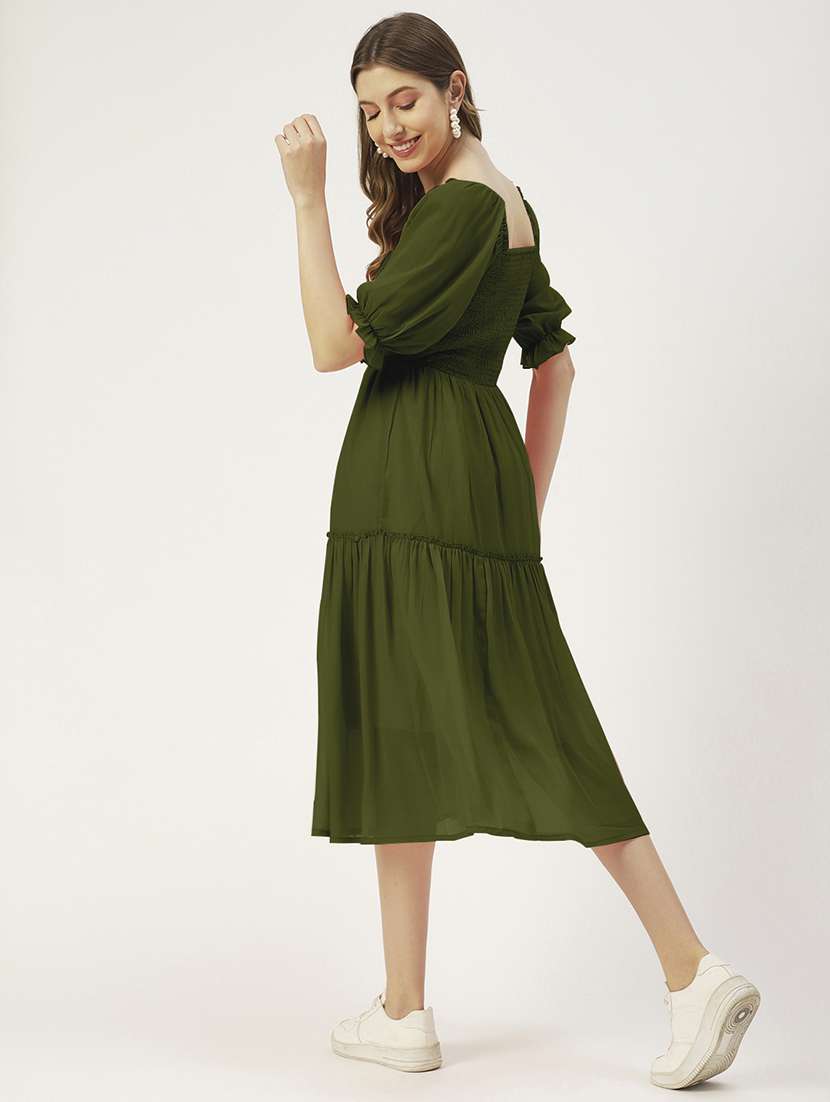 women olive solid puff sleeve tiered dress - 22182138 -  Standard Image - 3