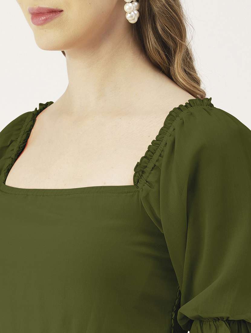 women olive solid puff sleeve tiered dress - 22182138 -  Standard Image - 5