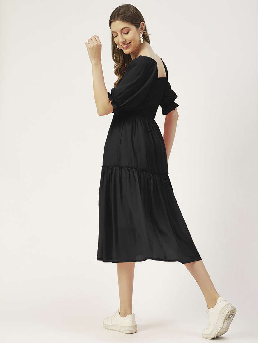 women black solid puff sleeve tiered dress - 22182139 -  Standard Image - 3