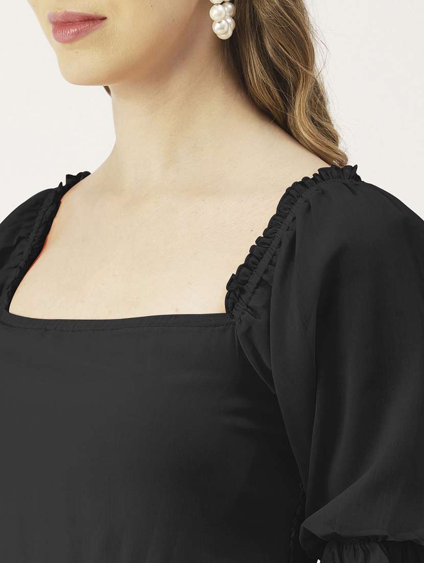 women black solid puff sleeve tiered dress - 22182139 -  Standard Image - 5