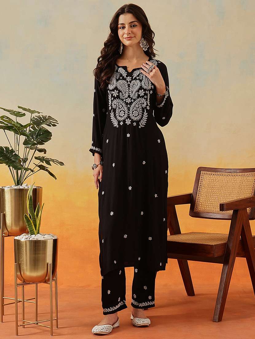 women solid with work long sleeve kurta pant set - 22182145 -  Standard Image - 3