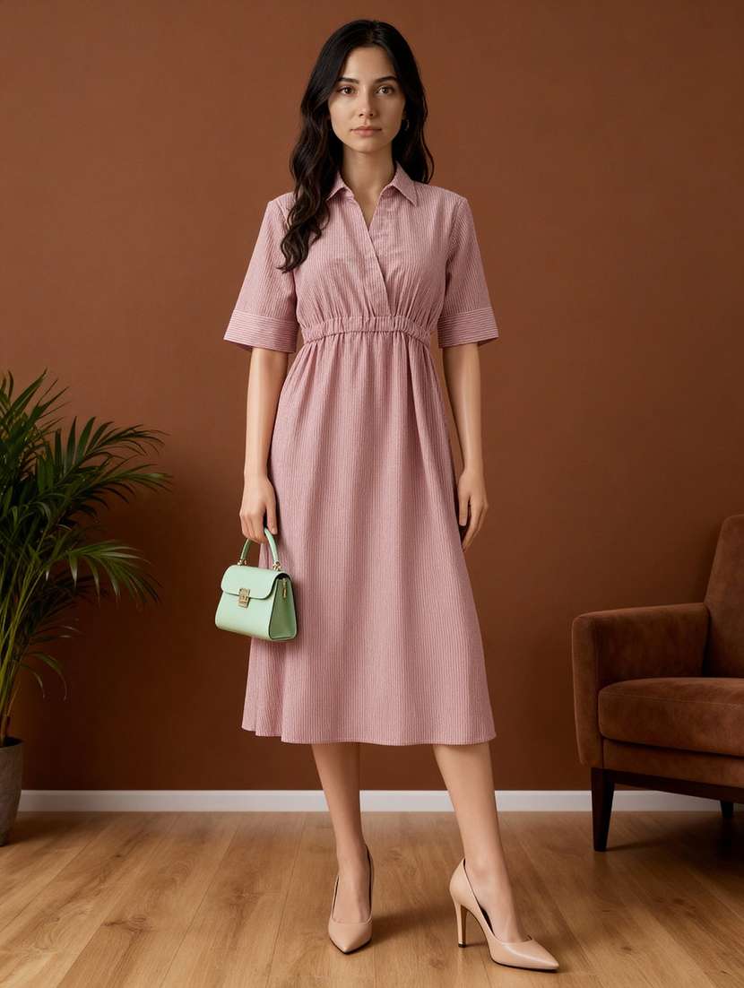 women striped short sleeve collared a-line dress