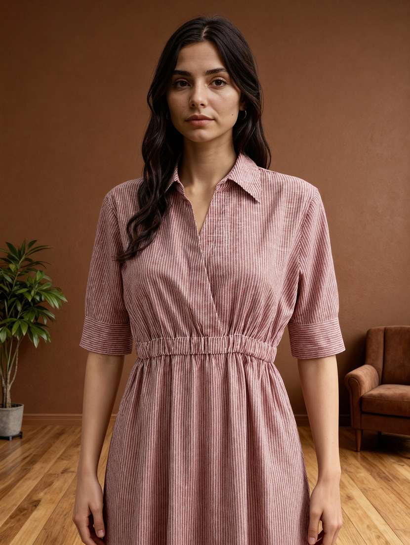 women striped short sleeve collared a-line dress - 22182163 -  Standard Image - 3