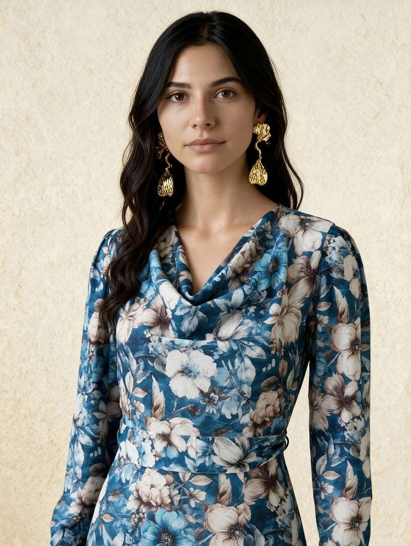 globus women blue cowl neck cuffed sleeves floral print front slit midi a-line dress with belt - 22182164 -  Standard Image - 3