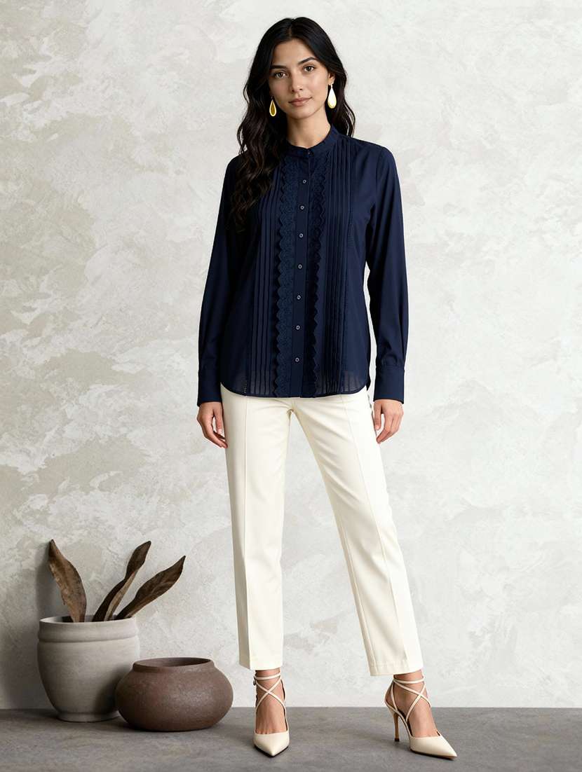 globus women navy blue mandarin collar cuffed sleeves solid lace insert pleated detail shirt - 22182166 -  Standard Image - 3