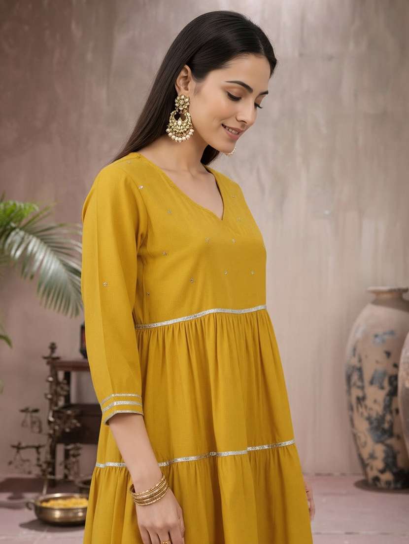 globus women yellow v-neck sequinned tie-up detail gotta patti tiered fit & flare maxi festive dress - 22182167 -  Standard Image - 3