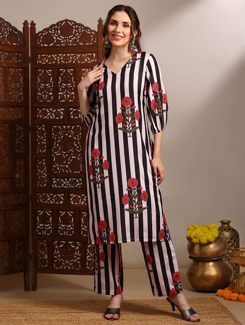 globus women black v-neck bishop sleeves striped floral print straight kurta with pants set