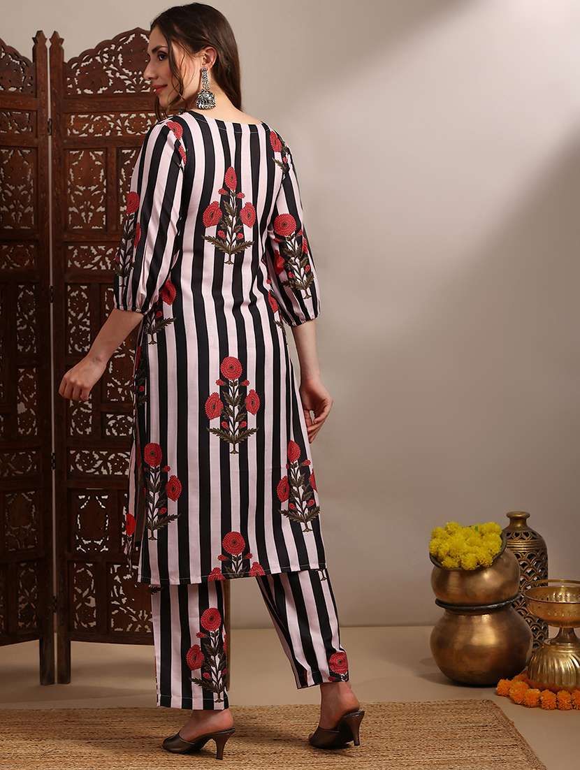 globus women black v-neck bishop sleeves striped floral print straight kurta with pants set - 22182168 -  Standard Image - 3