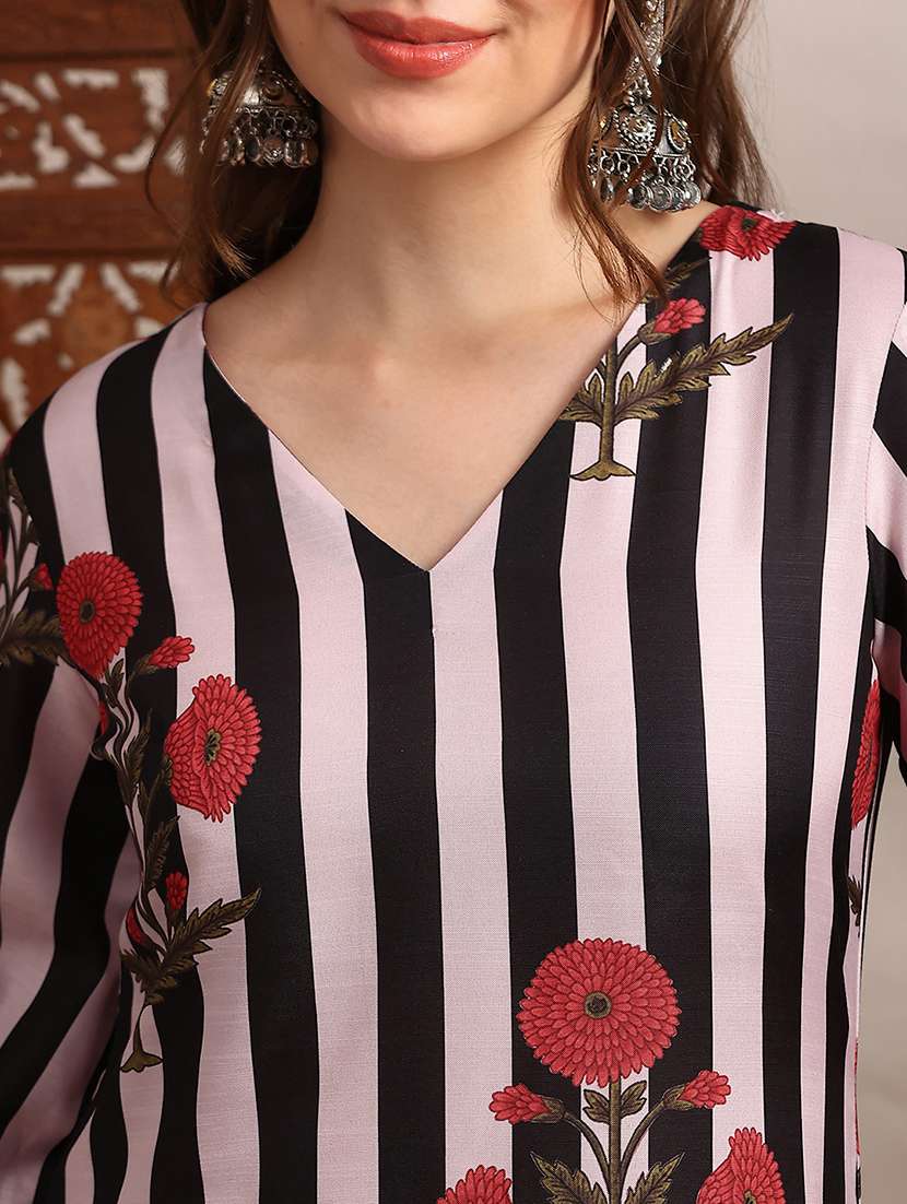 globus women black v-neck bishop sleeves striped floral print straight kurta with pants set - 22182168 -  Standard Image - 5