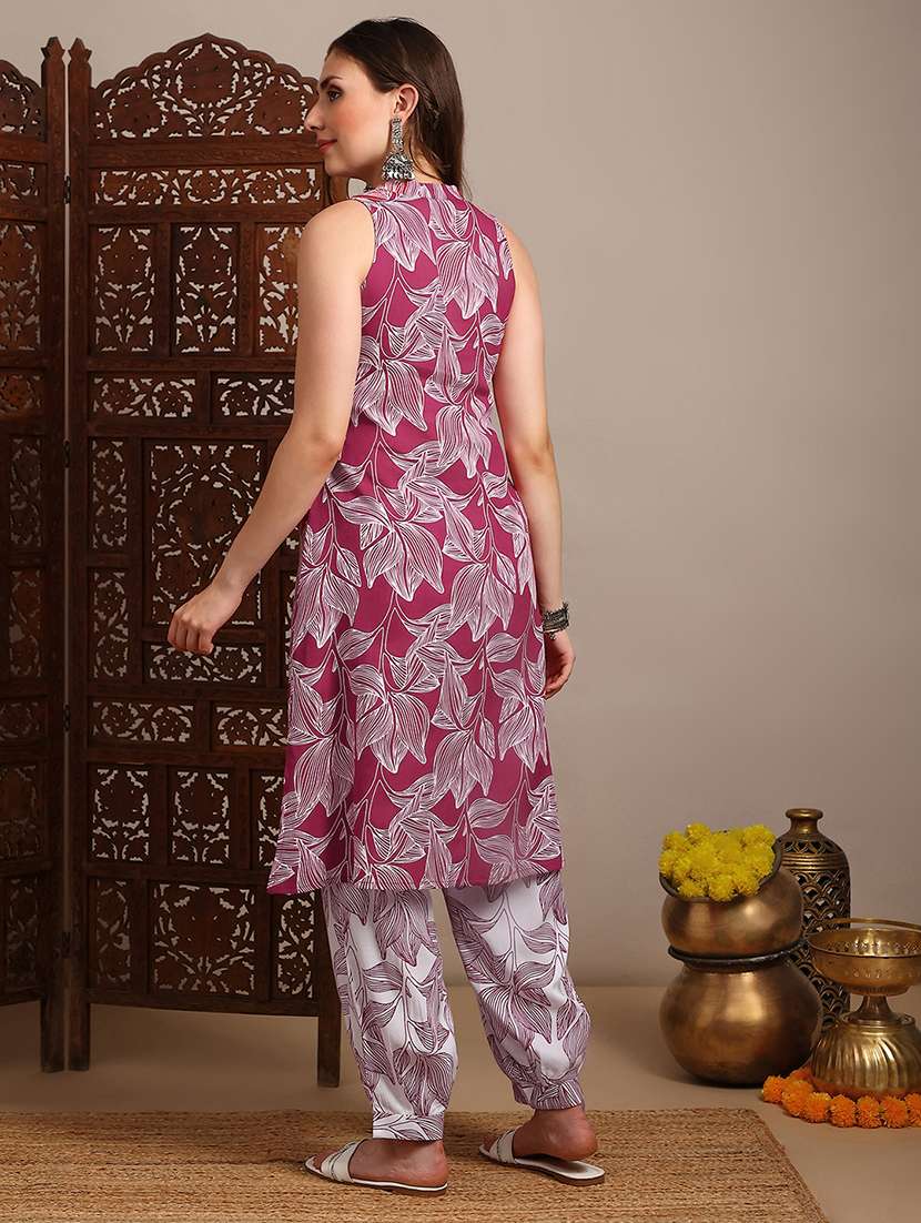 globus women pink v-neck sleeveless abstract print a-line kurta with pants fusion set - 22182170 -  Standard Image - 3