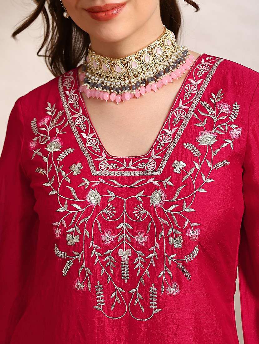 globus women pink floral embroidered v-neck bell sleeves straight kurta with pants festive set - 22182171 -  Standard Image - 5